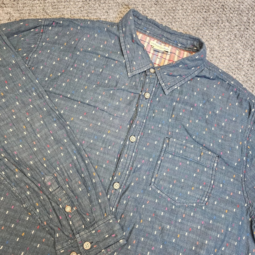 Carbon2Cobalt‎ Mens Chambray Button Down Shirt XL Blue Geometric Dot Long Sleeve